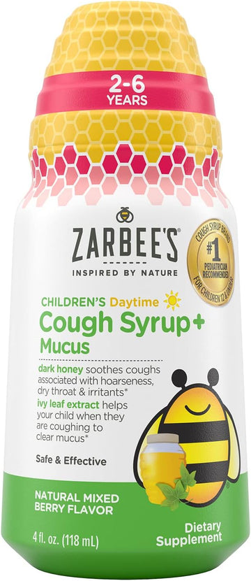 Zarbee’S Kids Cough + Mucus Daytime For Children 2-6 With Dark Honey, Ivy Leaf, Zinc & Elderberry, 1 Pediatrician Recommended, Drug & Alcohol-Free, Mixed Berry Flavor, 4Fl Oz