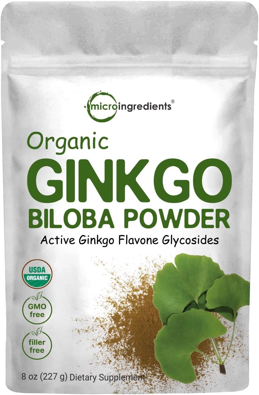 Micro Ingredients Raw Organic Ginkgo Biloba Powder, 8 Ounce (18 Months Supply), Filler Free, Supports Brain Function And Mental Alertness, No Gmos And Vegan Friendly