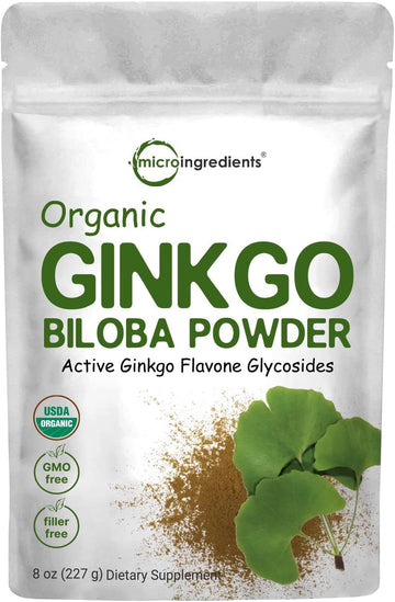 Micro Ingredients Raw Organic Ginkgo Biloba Powder, 8 Ounce (18 Months Supply), Filler Free, Supports Brain Function And Mental Alertness, No Gmos And Vegan Friendly