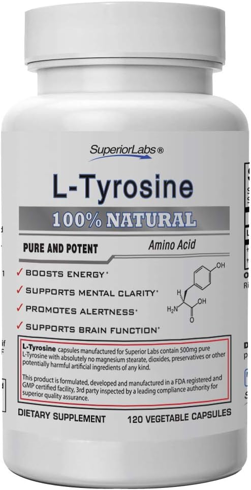 Superior Labs  Pure Natural L-Tyrosine Nongmo  500 Mg, 120 Vegetable Capsules  Supports Mental Clarity  Promotes Alertness  Boosts Energy  Dietary Supplement For Calming And Relaxation