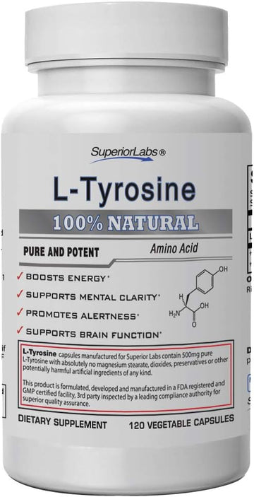 Superior Labs ? Pure Natural L-Tyrosine NonGMO ? 500 mg, 120 Vegetable Capsules ? Supports Mental Clarity ? Promotes Alertness ? Boosts Energy ? Dietary Supplement for Calming and Relaxation