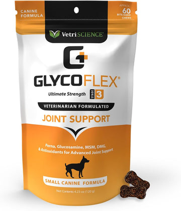 VetriScience Glycoflex 3 Clinically Proven Hip and Joint Support Supplement for Small Dogs - Maximum Strength Dog Supplement with Glucosamine, MSM, Green Lipped Mussel & DMG - 60 Chews,Chicken Flavor?