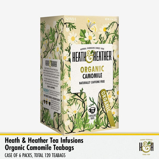 Heath & Heather Organic Camomile Teabags | Individually Wrapped Caffeine-Free Herbal Tea Infusion | 6 Packs Of 20, Total 120 Tea Bags