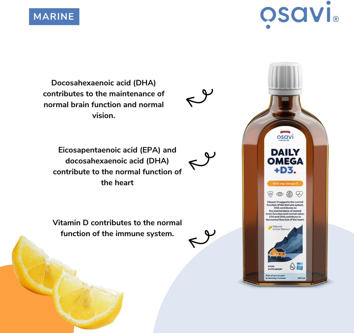 Osavi Daily Omega + D3 – 250 ml | 1600 mg Omega–3 per Serving | Supports Heart Health, Brain Function, Vision, and Immune System | Includes 2000 IU Vitamin D | Natural Lemon Flavour | Made in Norway : Amazon.co.uk: Health & Personal Care
