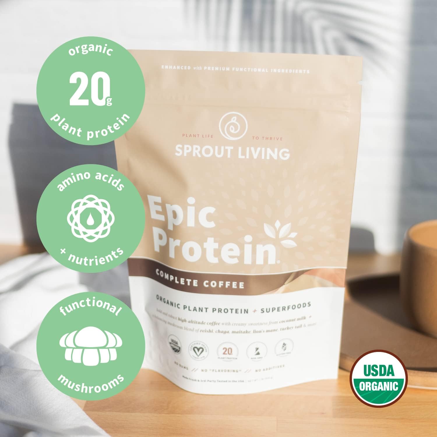 Sprout Living, Epic Protein, Plant Based Protein & Superfoods Powder, Complete Coffee | 20 Grams Organic Protein Powder, Adaptogens, Mushrooms, Vegan, Non-GMO, Gluten Free (1 Pound, 12 Servings) : Health & Household