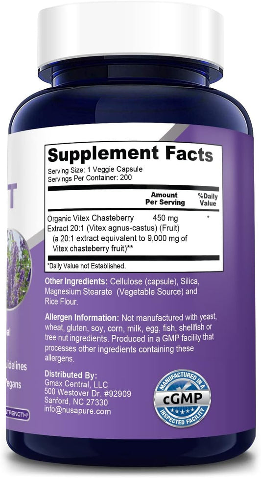 NusaPure Vitex Chasteberry Fruit 20:1 Extract 9,000 mg -200 Veggie Caps 200 Days Supply (Non-GMO, Gluten Free)