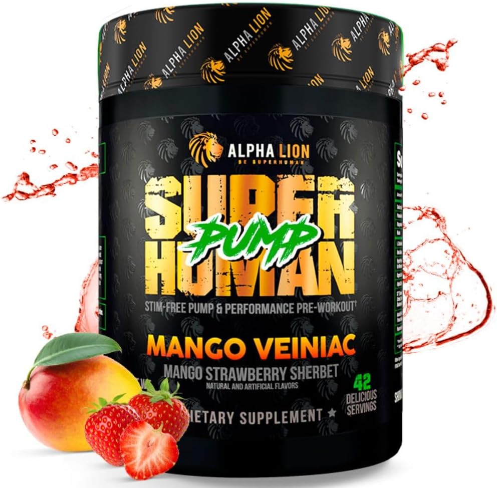 Alpha Lion Superhuman Pump Pre Workout Powder, Nootropic Caffeine & Stim Free Preworkout Supplement, Nitric Oxide Booster, Muscle Gainer, Energy & Focus (42 Servings, Mango Veiniac Flavor)