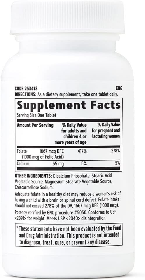 Gnc Folic Acid 1000Mcg | Supports Healthy Fetal Development | Required For Proper Red Blood Cell Formation | Vegetarian Formula | 100 Count