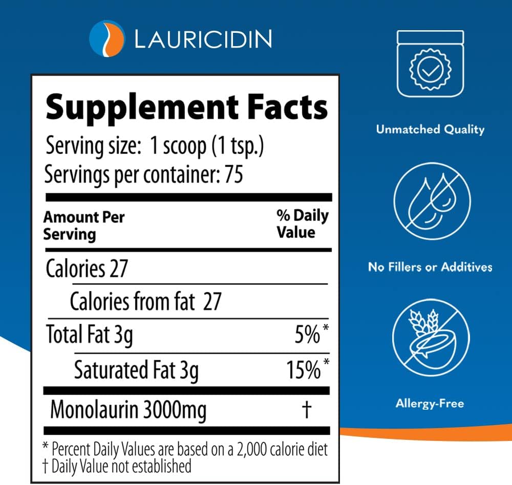 Lauricidin Monolaurin Supplement for Immune Support - Gut Health - High Potency Monolaurin Pellets, 3000mg per Serving- 227g per 8oz Jar : Health & Household