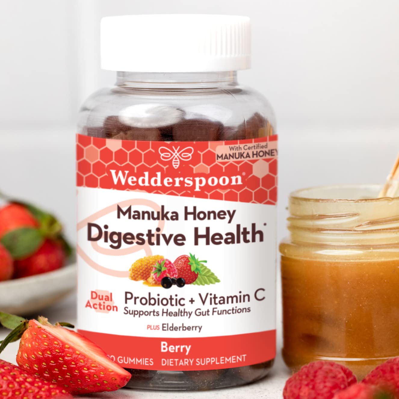 Wedderspoon Manuka Honey Digestive Gummies, Berry, 90 Count | Chewable| Vitamin C & Probiotic Support : Grocery & Gourmet Food