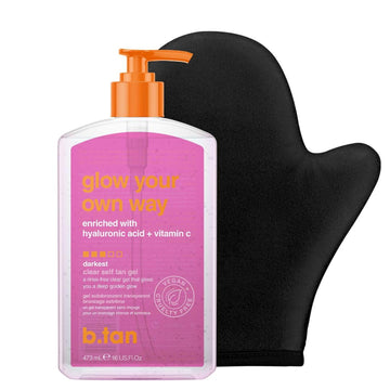 b.tan Best Clear Self Tanning Gel with Mitt | Glow Your Own Way Bundle - Quick Express Tanner Gel for Face and Body with Applicator, Transfer-Proof, 16 Fl Oz