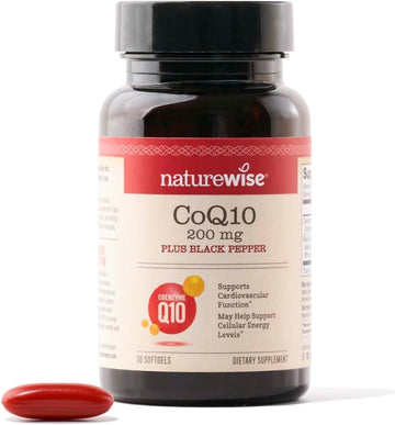 Naturewise Coq10 200Mg Softgels, High Absorption Coenzyme Q10 With Bioperine Black Pepper - Antioxidant For Heart Health + Cellular Energy - Vegan, Non-Gmo, Gluten-Free - 30 Softgels[1-Month Supply]