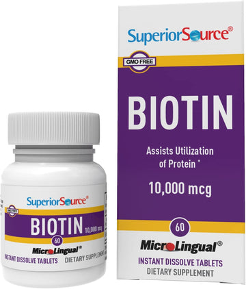 Superior Source Biotin 10000 mcg. Under The Tongue Quick Dissolve MicroLingual Tablets, 60 Count, Supports Healthy Hair, Skin, and Nail Growth, Helps Support Energy Metabolism, Non-GMO