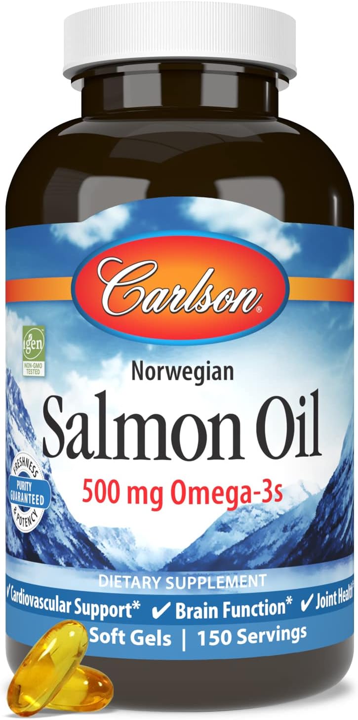 Carlson - Norwegian Salmon Oil, 500 Mg Omega-3S, Norwegian Salmon Oil Supplement, Wild Caught Omega 3 Salmon Oil Capsules, Sustainably Sourced, Brain, Heart & Joint Health, 300 Softgels : Health & Household
