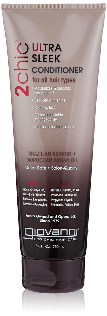 Giovanni 2Chic Ultra-Sleek Conditioner - Brazilian Phyto-Keratin & Moroccan Argan Oil, Anti-Frizz Formula, Coconut, Shea Butter, Pro-Vitamin B5, Color Safe, Paraben Free - 8.5 Oz