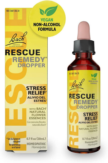 Rescue Bach Remedy Dropper 20Ml, Natural Stress Relief, Homeopathic Flower Essence, Vegan, Gluten & Sugar-Free, Non-Habit Forming (Non-Alcohol Formula)