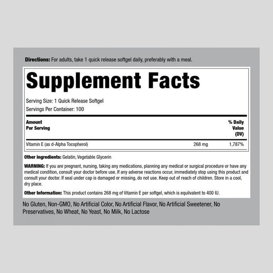 Piping Rock Vitamin E 400 IU Softgels | 268mg | 100 Softgel Capsules | D-Alpha Tocopherol | Non-GMO, Gluten Free Supplement