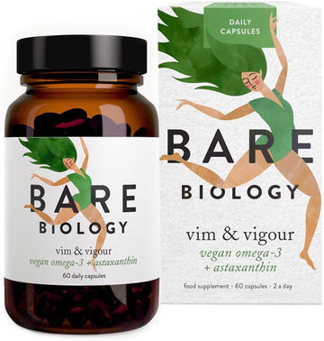 Bare Biology Vegan Omega 3 Algae Oil + Astaxanthin - Vim & Vigour Capsules (30 Servings) EPA 250mg DHA 500mg, Sustainably Sourced/Independently Tested for Purity