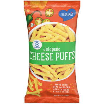 Barbara's Jalapeno Cheese Puffs, Cheese Puffed Kids Snack Made With Real Aged Cheddar and Blue Cheese, Gluten Free Snack, 7 OZ Bag (Pack of 12)