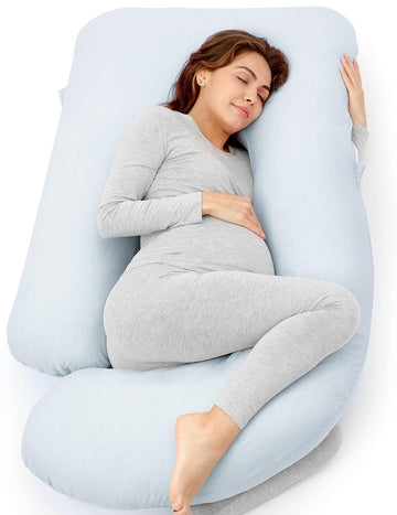 Momcozy Pregnancy Pillows For Sleeping, U Shaped Full Body Pillow 57 Inch For Pregnant Women With Back, Hip, Leg, Belly Support, Washable Jersey Cotton Cover Included, Light Blue