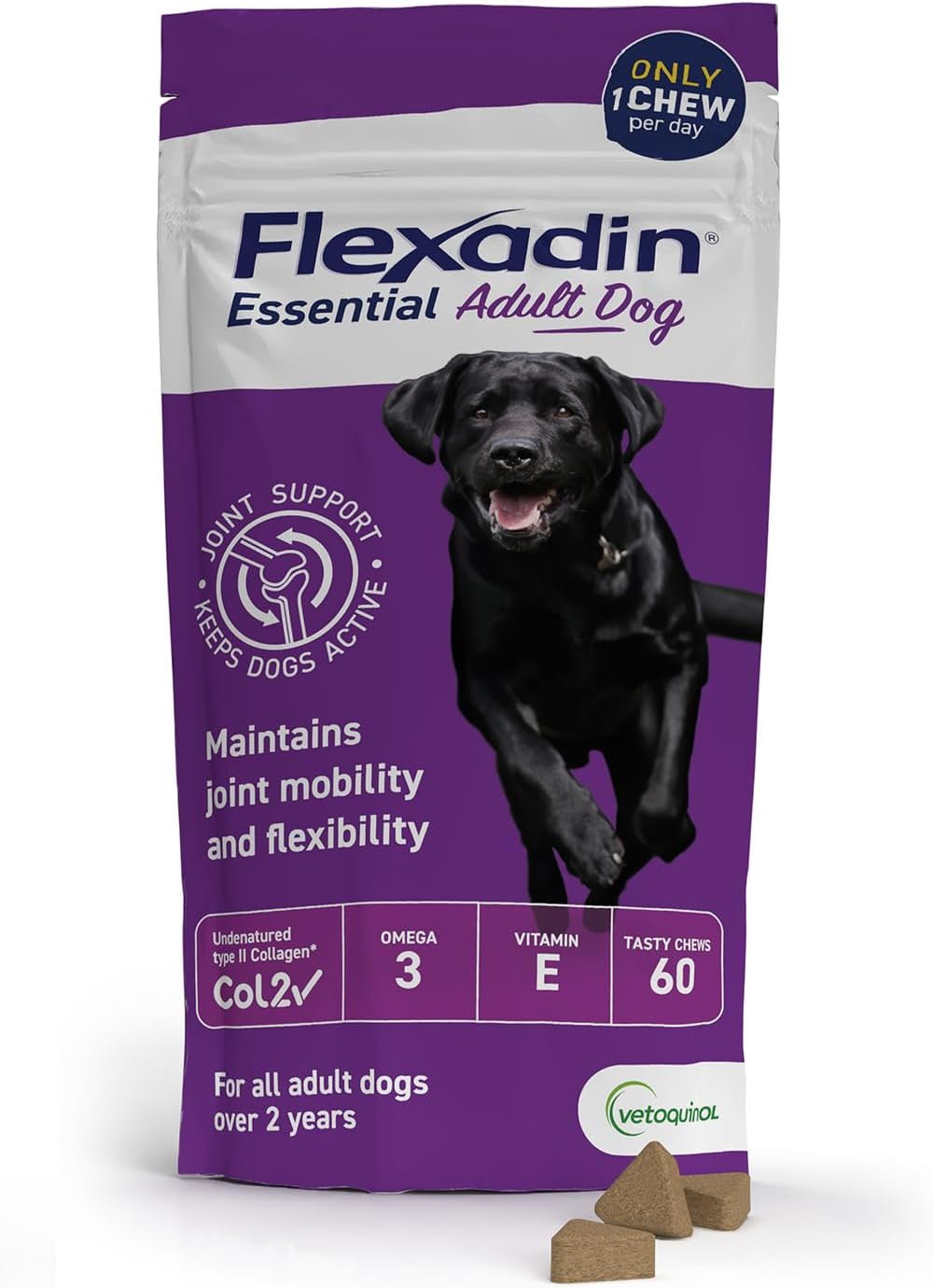 Flexadin Essential Joint Care Supplement For Adult Dogs Containing Undenatured Type Ii Collagen, Omega 3 & Vitamin E/Promoting Long-Term Joint Health, Mobility & Flexibility / 60 Chew Pack