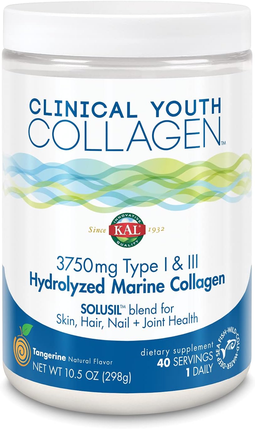 Kal Clinical Youth Collagen | Healthy Skin, Hair, Nail And Joint Support | Vitamin C | Natural Tangerine Flavor | 10.5Oz, 40 Serv