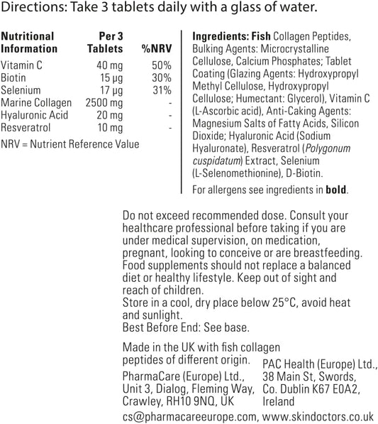 Skin Doctors Collagen Tablets | 2500Mg | Hydrolysed Marine Collagen | Hyaluronic Acid | Resveratrol | Biotin | Selenium And Vitamin C | 90 Tablets