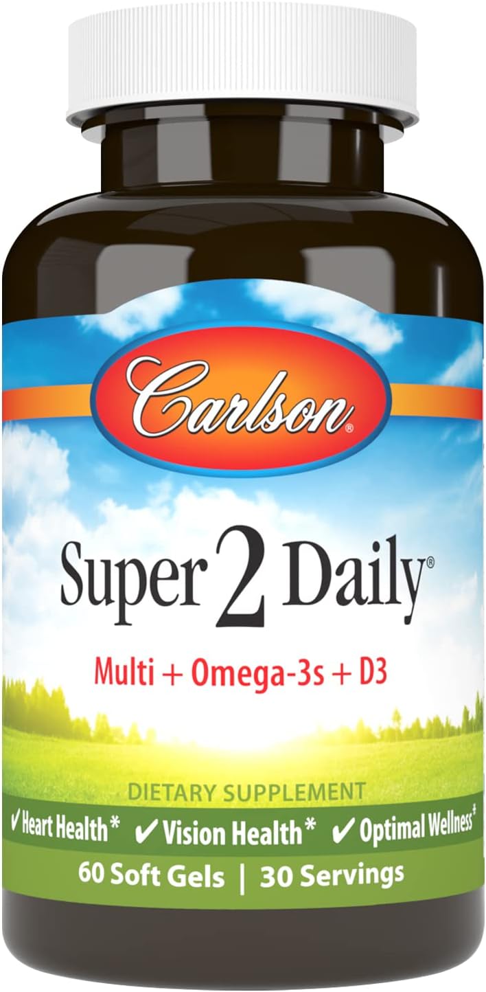 Carlson - Super 2 Daily, Multi + Omega-3s + Lutein + D3, Heart & Vision Health, Optimal Wellness, Daily Multivitamin with Omega-3s and Lutein, 60 Softgels