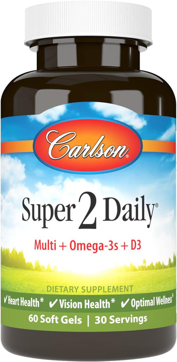 Carlson - Super 2 Daily, Multi + Omega-3s + Lutein + D3, Heart & Vision Health, Optimal Wellness, Daily Multivitamin with Omega-3s and Lutein, 60 Softgels