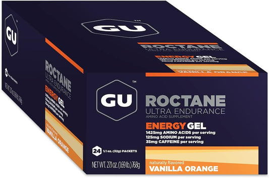 Gu Energy Roctane Ultra Endurance Energy Gel, Vegan, Gluten-Free, Kosher, And Dairy-Free On-The-Go Sports Nutrition For Running, Biking, Hiking Or Skiing, Vanilla Orange (24 Packets)