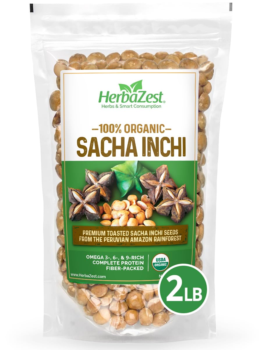 HerbaZest Sacha Inchi Seeds (2 LB) - USDA Certified Organic - Vegan, Non-GMO & Gluten-Free - Perfect for Snacks, Baked & Non-Baked Goods