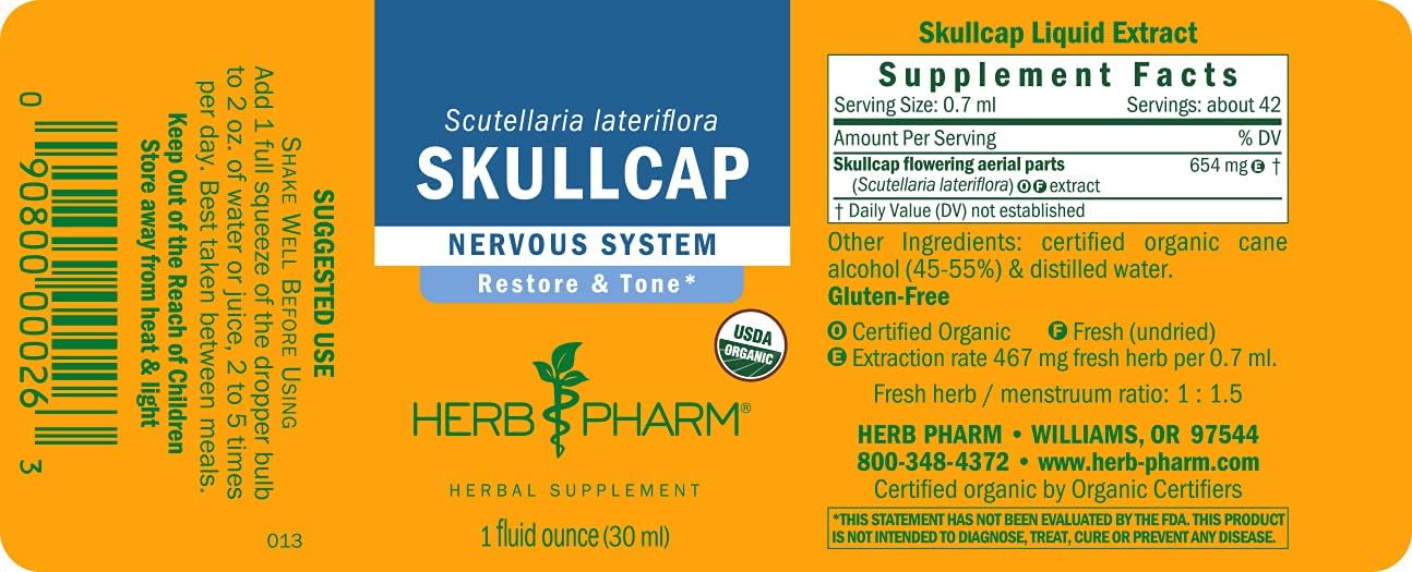 Herb Pharm Certified Organic Skullcap Liq Extract for Nervous System Support, Organic Cane Alcohol, 1 