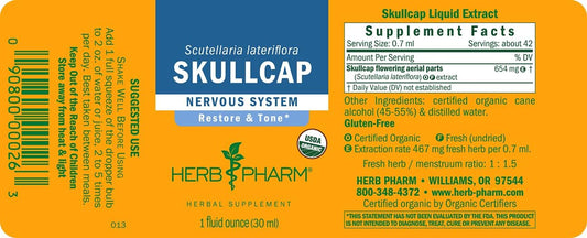 Herb Pharm Certified Organic Skullcap Liq Extract for Nervous System Support, Organic Cane Alcohol, 1 