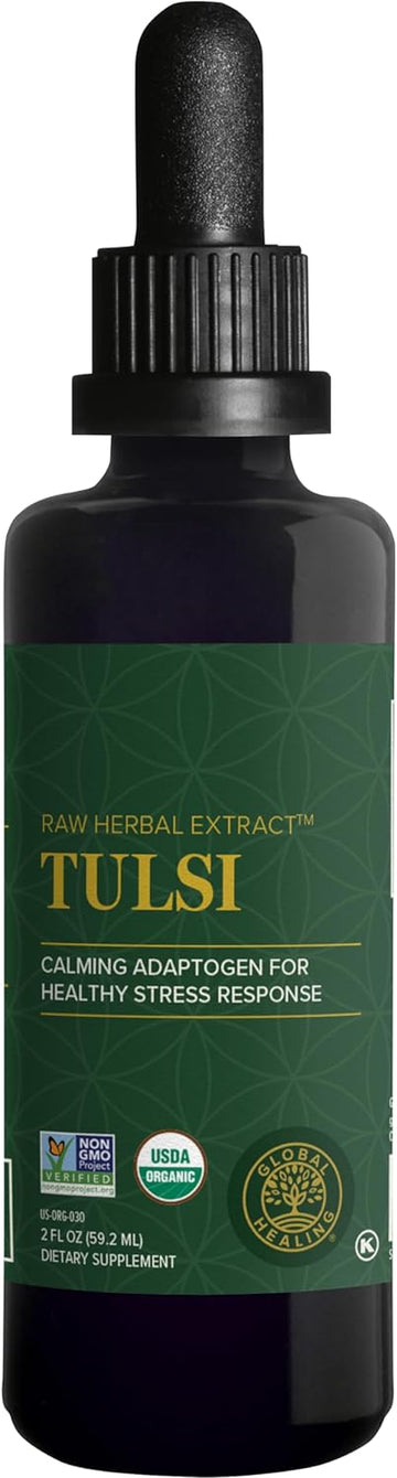 Global Healing Organic Tulsi (Holy Basil Leaf Extract) Vegan Liquid Supplement Drops - Bioavailable Ayurvedic Herb for Normal Stress Response, Natural Energy & Immune Support - 2 Fl Oz Tincture