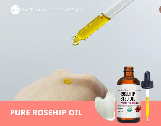 Kate Blanc Cosmetics Rosehip Oil For Face With Pink Gua Sha Stone (1Oz, Organic, Pure, Cold Pressed) Rosehip Seed Face Oil For Gua Sha Massage