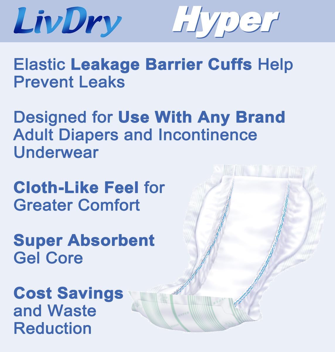 LivDry High Absorbency Pad Insert for Incontinence Briefs and Adult Diapers, Women and Men, Hyper 1600 (30 Count) : Health & Household