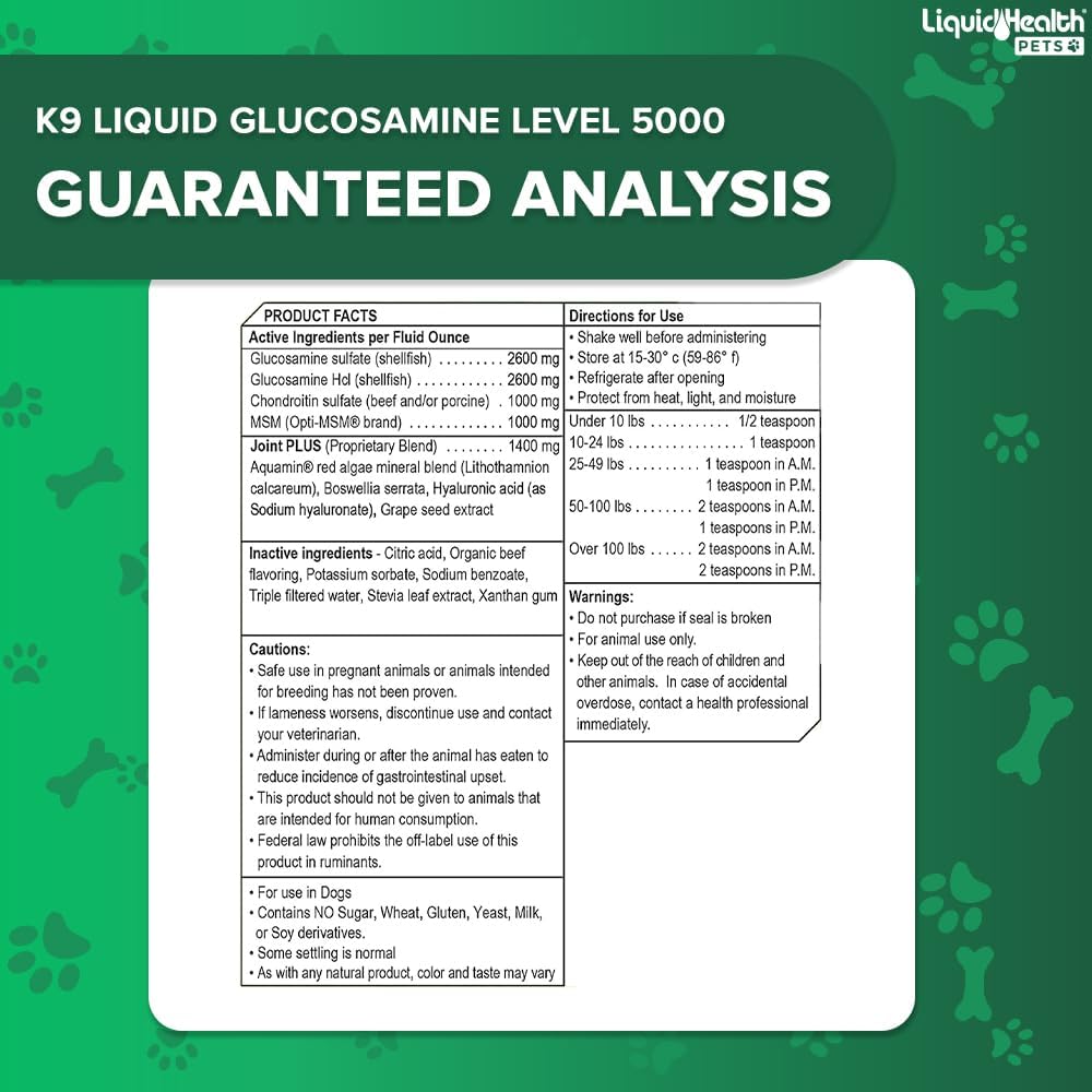 LIQUIDHEALTH 128 Oz K9 Liquid Glucosamine Level 5000 for Dogs, Large Dogs and Breeds - Chondroitin, MSM, – Joint Health Supplements, Dog Vitamins Hip Joint Juice, Dog Joint Oil - 1 Gallon : Pet Supplies