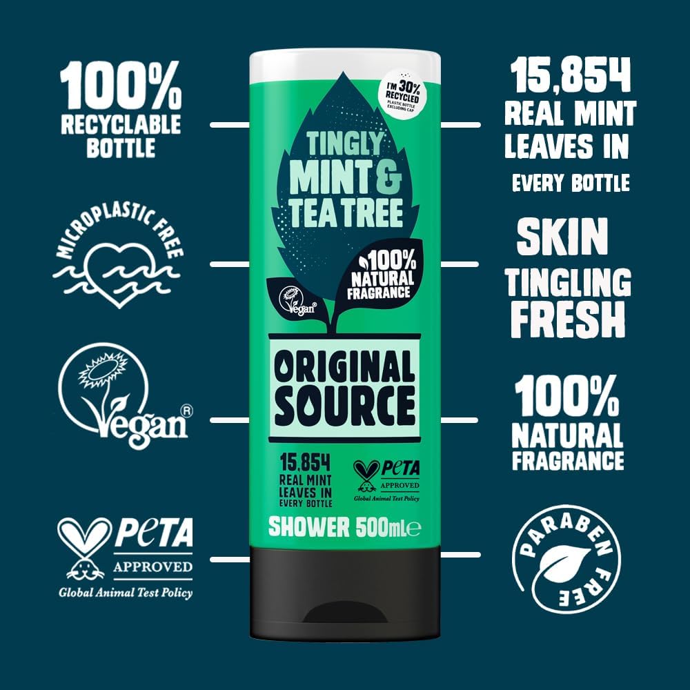 Original Source Mint & Tea Tree Shower Gel, 100 Percent Natural Fragrance, Vegan, Cruelty Free, Paraben Free, Bulk Buy, Pack of 6 x 500 ml : Amazon.co.uk: Beauty