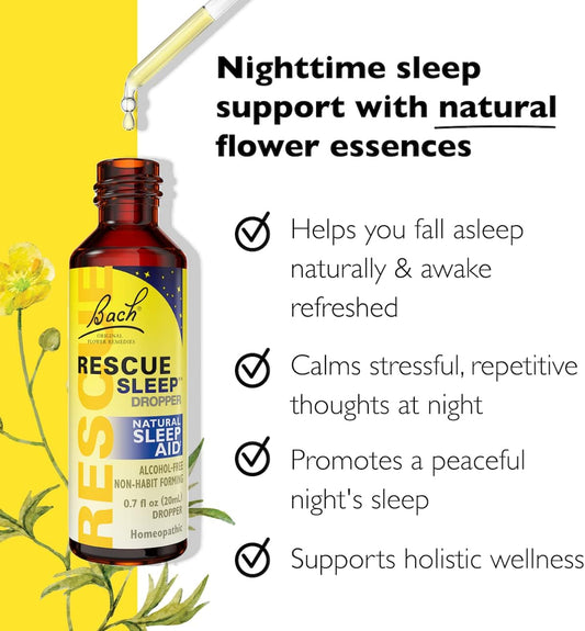 Bach Rescue Sleep Dropper, Natural Sleep Aid, Homeopathic Flower Essence, Free Of Melatonin, Sugar, & Gluten, Family-Friendly, Non-Alcohol Formula, 2 Pack, 20Ml Ea