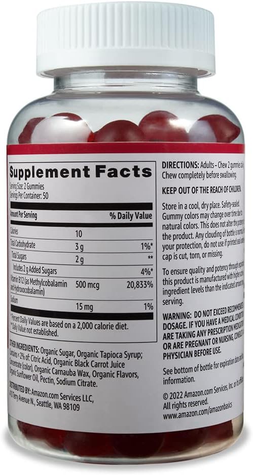 Amazon Basics Vitamin B12 500 Mcg Gummies - Normal Energy Production And Metabolism, Immune System Support, Raspberry, 100 Count (2 Per Serving) (Previously Solimo)