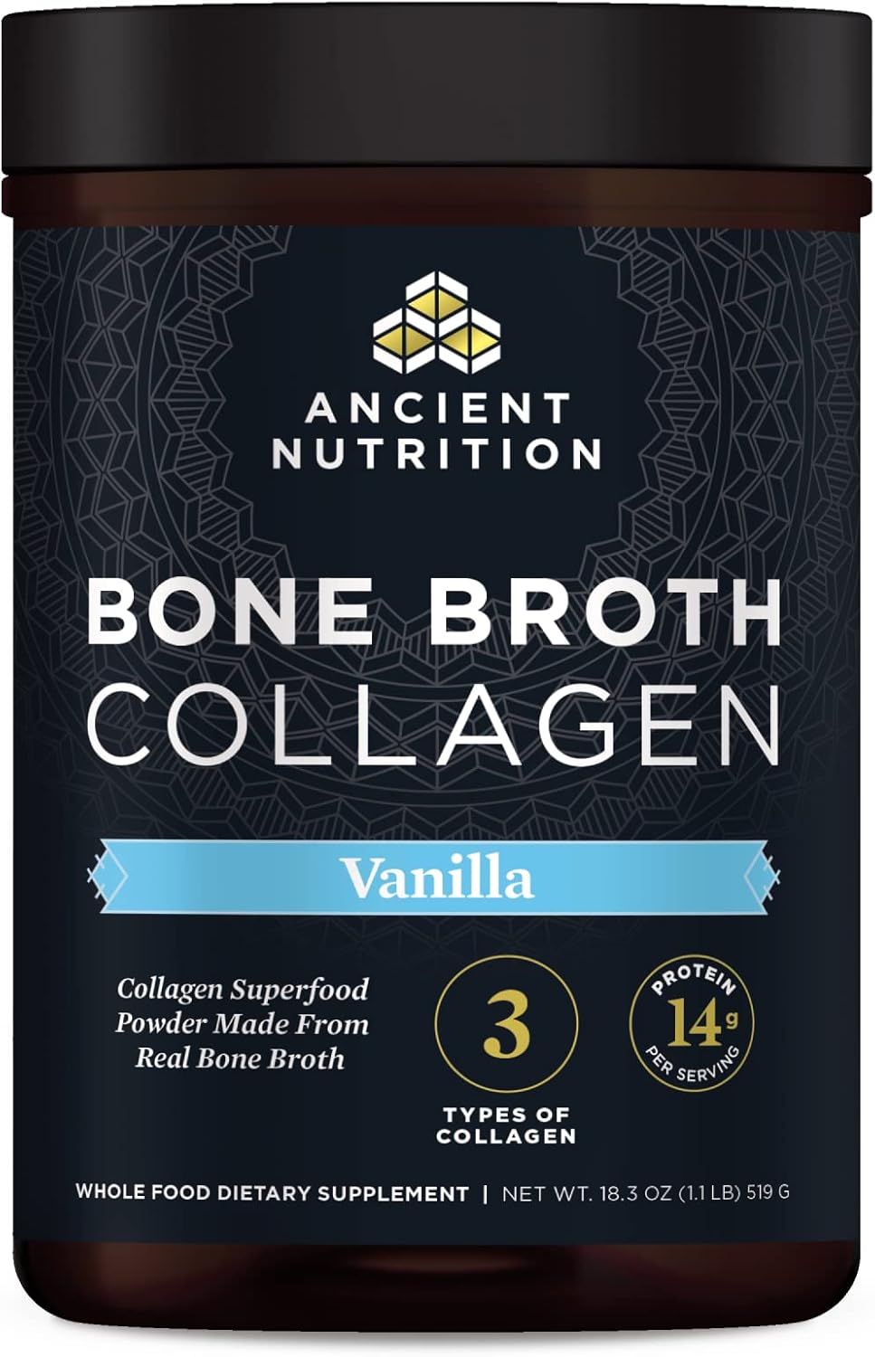 Ancient Nutrition Collagen Powder, Bone Broth Collagen, Vanilla, Hydrolyzed Multi Collagen Peptides, Supports Skin And Nails, Joint Supplement, 30 Servings, 18.3Oz