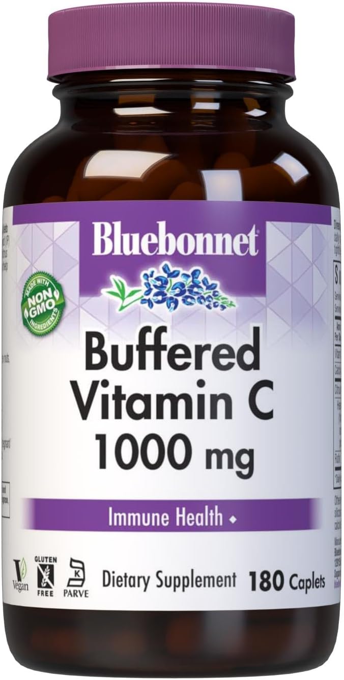 Bluebonnet Nutrition Buffered Vitamin C1000 Mg Caplets Buffered Calcium Ascorbate, For Immune Health Soy Free Gluten Free Nongmo Kosher Dairy Free Vegan Caplets, White, Citrus, 180 Count