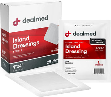 Dealmed Sterile Bordered Gauze Island Dressings – 25 Count, 4" X 4" Gauze Pads, Disposable, Latex-Free, Adhesive Borders With Non-Stick Pads, Wound Dressing For First Aid Kit And Medical Facilities