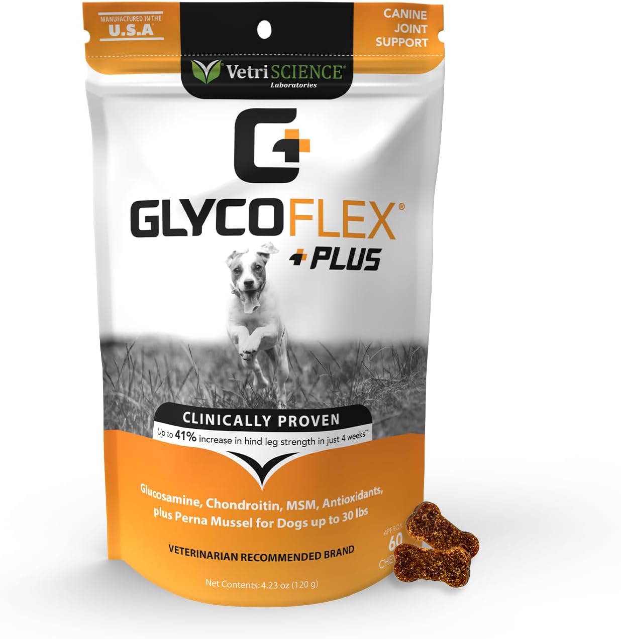 VetriScience GlycoFlex Plus Joint Support Dog Supplements - 60 Chews - Extra Strength Hip and Joint Health Supplement with Glucosamine, Chondroitin, MSM & DMG for Small Dogs Under 30 lbs