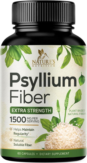 High Absorption Psyllium Husk Capsules 1500mg, Natural Soluble Fiber Supplement Non-GMO Gluten Free Digestive Support, Psyllium Fiber Caps Support Digestion & Regularity - 60 Capsules