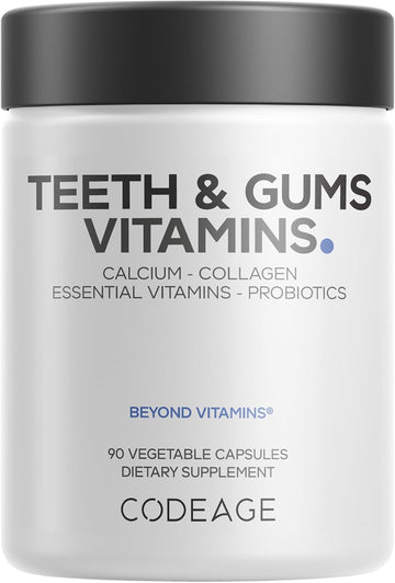 Codeage Teeth & Gums Vitamins + Oral Probiotics Supplement For Mouth - Whole Food Calcium, Collagen, Potassium, Vitamin C, D3, K2, Zinc – Oral Care & Dental Multivitamin Supplements - 90 Capsules
