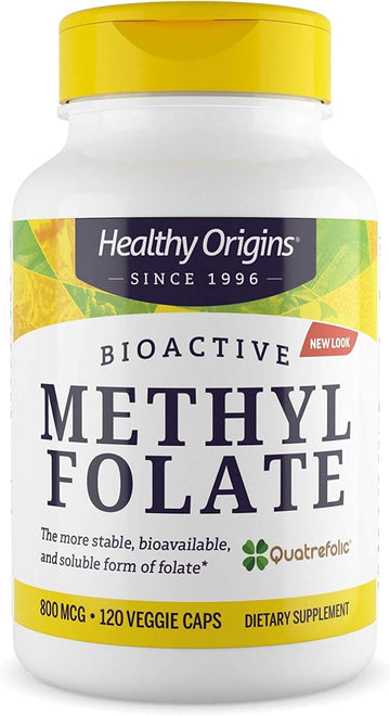 Healthy Origins Methyl Folate (Featuring Quatrefolic), 800 mcg - Replacement for Folic Acid - Bioavailable Folate Supplement - Vegan, Non-GMO, Gluten-Free Supplement - 120 Veggie Capsules
