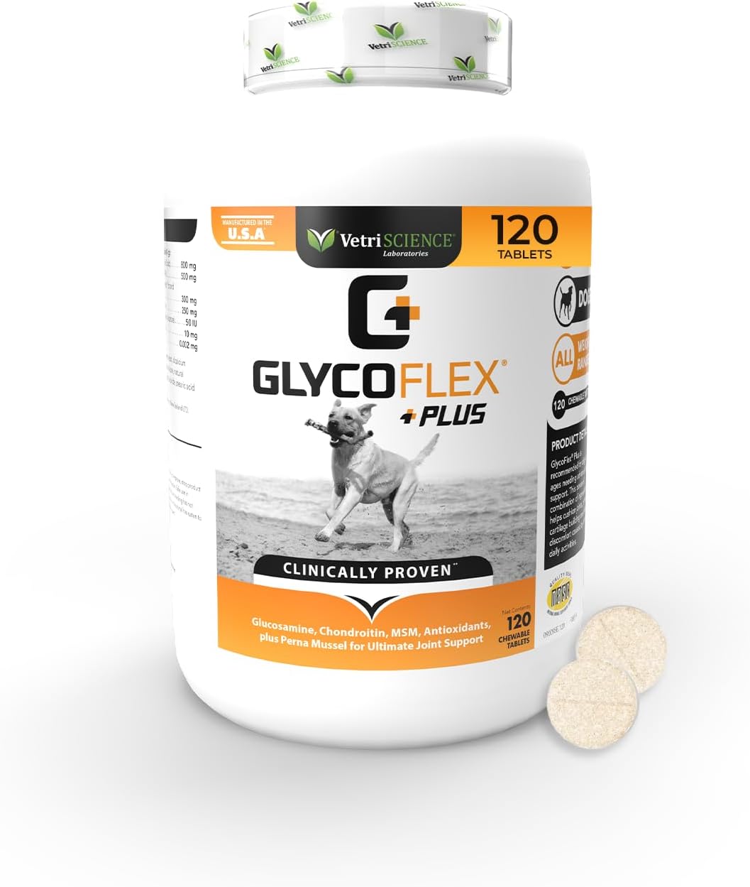 VetriScience GlycoFlex Plus Hip and Joint Supplement for Dogs, Chewable Tablet – Extra-Strength Joint Support with Green Lipped Mussel, Chondroitin, and Glucosamine for Dogs