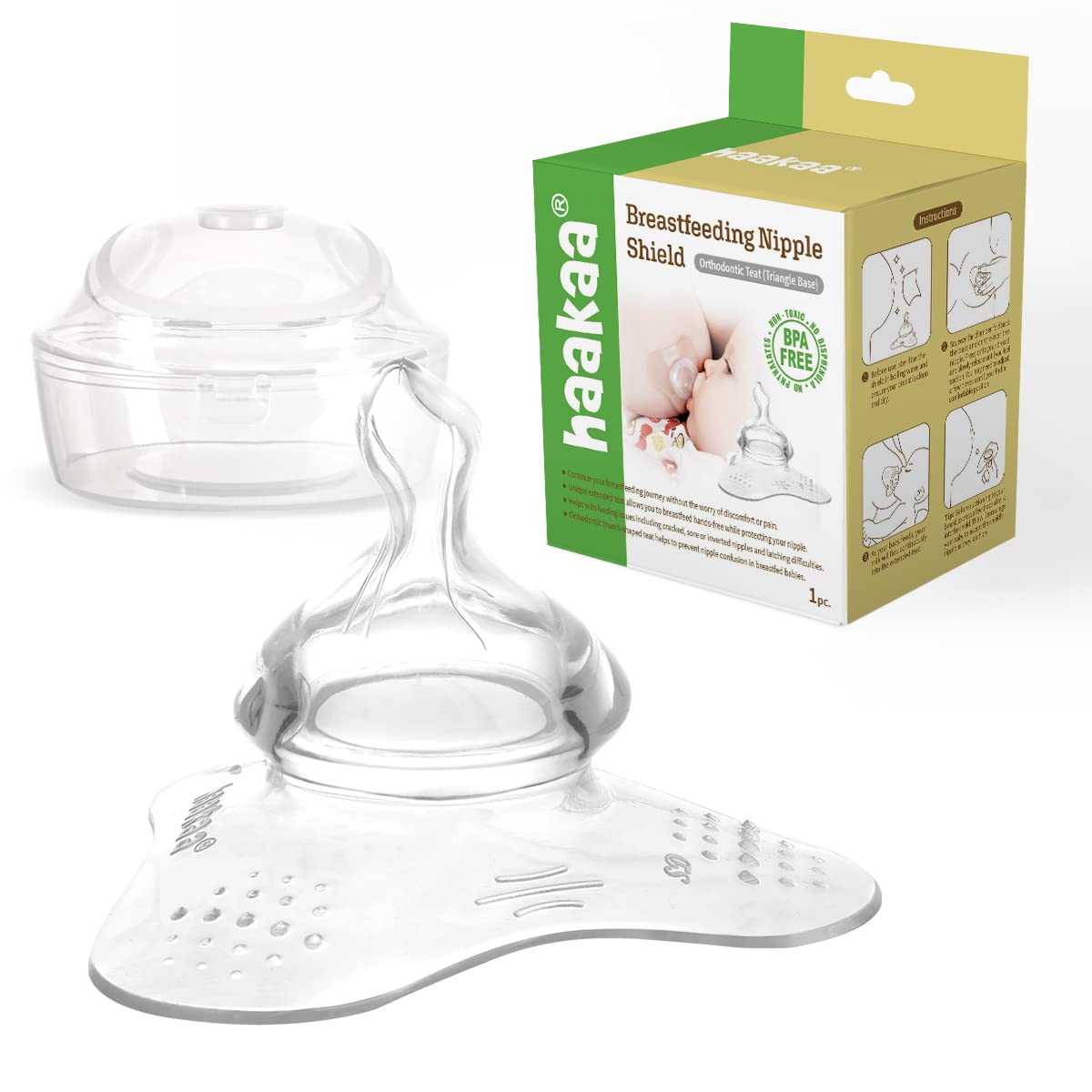 haakaa Nipple Shield Orthodontic Teat for Cracked Flat Inverted Nipple and Latch On Difficulties to Help Mums Continue Breastfeeding (Triangle Base, 1pk)
