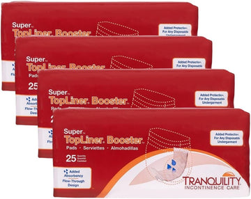 Tranquility Topliner Disposable Booster Pads, Super (15" X 4.25") Flow-Through Design With Adhesive Strip For Max Absorption, Adult Unisex, 100Ct Case